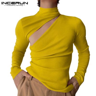 Incerun แฟชั่นเสื้อท็อปแขนยาวผ้ายืดสีพื้นสําหรับผู้ชาย