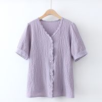 【มีไซส์ใหญ่】Plus Size XL-4XL Womens V-neck Summer Shirts Short Sleeve Elegant Tops Casual False Button A-line Top