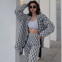 Spring New Letter Knit Cardigan Loose Jacket High Waist Wide Leg Pants Fashion Thin Suit