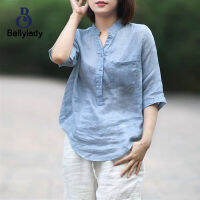 BellyLady เสื้อเชิ้ตผู้หญิงแขนสามส่วน,เสื้อเชิ้ตคอตั้งผ้าคอตตอนและลินินทรงหลวมเสื้อเชิ้ตสไตล์เรียบง่ายสำหรับใส่ฤดูร้อน