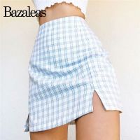 {Summer skirt} บาซาเลียฮาราจูกุแยกเอวสูงกระโปรงสั้นสตรีทแวร์ผ้าตาหมากรุกสีฟ้าพิมพ์ลายสก็อตสีขาวสำหรับผู้หญิงกระโปรงมินิสเกิร์ต