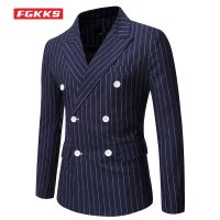 ZZOOI FGKKS Men Spring Autumn Blazers Slim Fit British Striped Formal Suit Jacket Party Wedding Business Casual Blazers Male