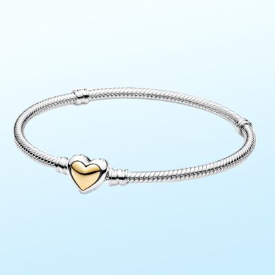 Pandora 925 Sterling Silver Domed Golden Heart Clasp Snake Chain Bracelet fit Original Charm Beads Making for Women Gifts