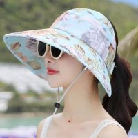 【CC】 Korean Floral Print Bow Cotton Hat WomenFoldable UV Top Cap Outdoor Beach Big Brim Breathable U78