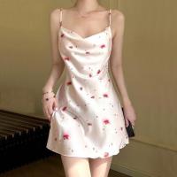 Summer Print Nightgown Sexy Strap Nightdress Loungewear Women Silky Satin Home Dress Sleepwear Dressing Gown Lingerie