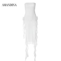 Amandina Luxe เสื้อผ้ากุลสตรีดอกไม้3D เปิดไหล่เดรสเซ็กซี่โปร่งชุดเดรสตาข่ายขนาดเล็ก