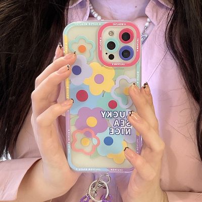 เคสโทรศัพท์มือถือ แบบใส ลายดอกไม้ พร้อมสายคล้อง สําหรับ Apple Model 7 8 7plus 8plus 11 12 11pro 12pro 11promax 12promax 13 13pro 13promax