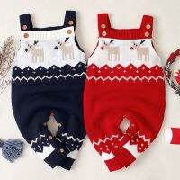 Christmas Baby Boys Girls Cartoon Braces Rompers Clothes New 2021 Autumn Winter Baby Boy Girl Kids Sleeveless Knitting Rompers