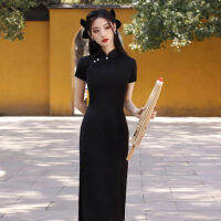 ชุดจีน Qipao ผู้หญิงสมัยใหม่สีดำ Slim ยาว Cheongsam แบบดั้งเดิม Harajuku Hanfu Robe Orientale Vintage Vestido Mujer