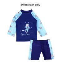 Boys Two Pieces Swimsuit 1-10 Y Kids Rash Guard Children Surfing Suit Long Sleeve with Sunny Hat Blue Patchwork Space Cats Print