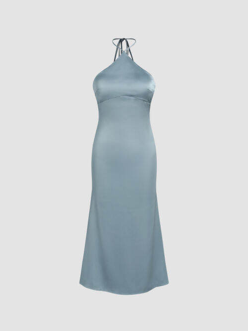 Cider Solid Satin Halter Mermaid Maxi Dress Lazada.co.th