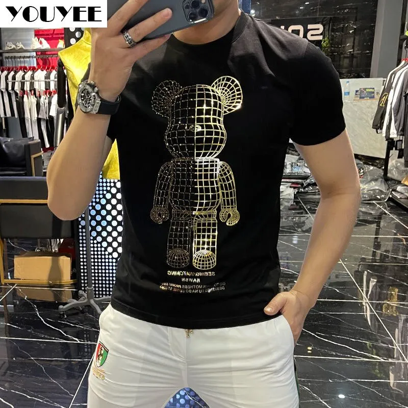 T-shirt Designer Clothes Men Mercerized Cotton V-shaped Pattern Rhinestone  Top 2022 New Male Street Fashion Style Man Clothing