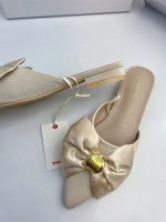 Scarce foreign trade tail goods [feminine] French pointed Baotou slippers satin big bow flat bottom half drag 【QYUE】