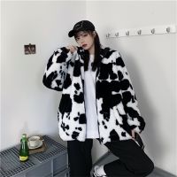 Korean Winter New Fashion Coat Harajuku Cows Printing Loose Full Sleeve Leather Jacket Vintage Flannel Keep Warm Cotton Clothes