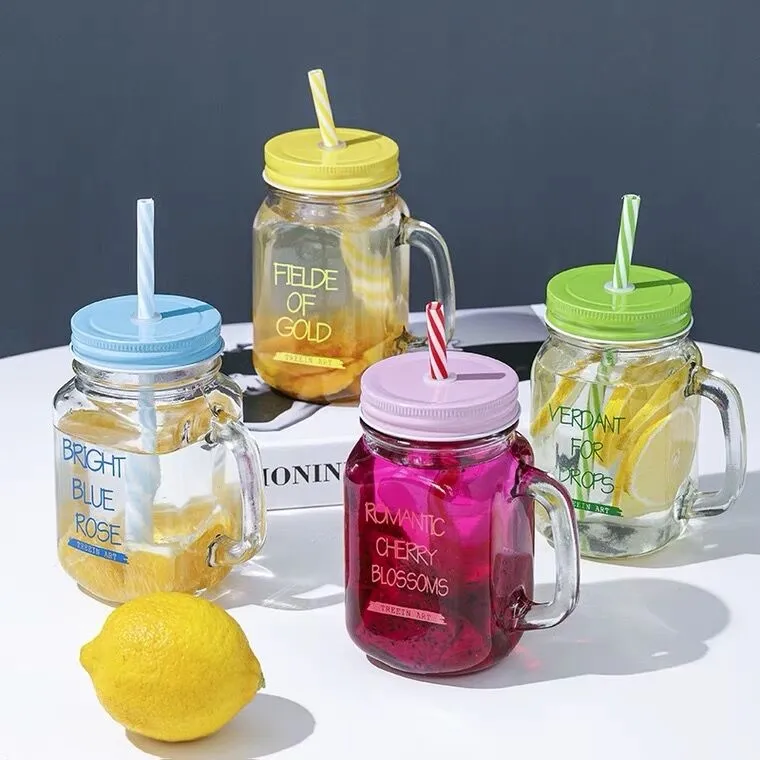 Glass Cup Mason Jar Gradient Transparent With Cover And Straw Water Bottle  Mug For Fruit Juice Cool Drink Kitchen Accessories