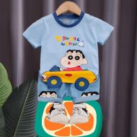 COD SDFGERTERTEEE 0-5 years old baby boy suit cotton T-shirt crayon shin-chan print pattern fashion casual denim shorts childrens wear