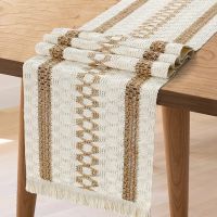 Table Runner Splicing Cotton Table Runner Natural Burlap Table Runner with Tassels Bohemian Table Cover