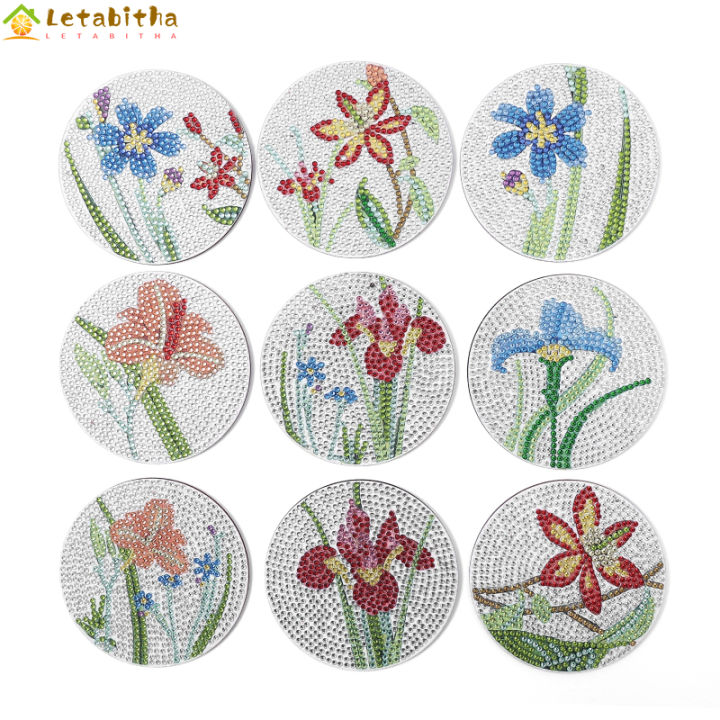 letabitha-จานรองแก้วลายศิลป์เพชรดอกไม้9ชิ้นชุดภาพวาดเพชร-diy-ห้องครัวปลอกแก้วเครื่องดื่มงานฝีมือ