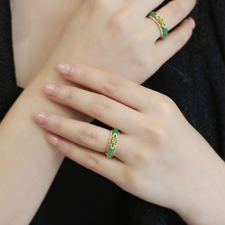ht-แหวนคริโซเพรสเงินสเตอร์ลิงธรรมชาติแหวนสตรีระดับไฮเอนด์แหวนหยกสีเขียวมรกตเปิดได้ของผู้หญิง