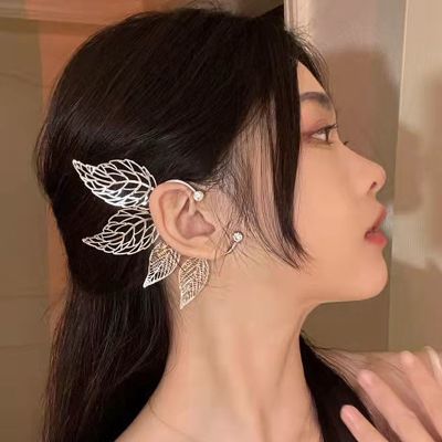 【YF】 1Pc Chic Elf Ear Cuff Maple Leaf Hollowed Zircon Cosplay Fairy Earring Clips for Women Girls Wedding Jewelry