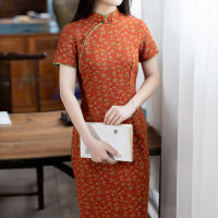 ผ้าฝ้ายแท้พิมพ์จีนปรับปรุงวรรณกรรม Qipao หลวม A-Shaped ชุดกระโปรงผู้หญิง