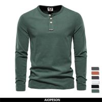 【ระบาย อากาศ】 AIOPESON Henley คอผู้ชาย39; S เสื้อยืดผ้าฝ้าย100สีทึบลำลองชายแขนยาวเสื้อยืดระบาย อากาศฤดูใบไม้ร่วงที่มีคุณภาพสูงท็อปส์ผู้ชาย