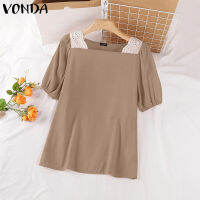 VONDA เสื้อลูกไม้ใส่ได้หลายโอกาสของผู้หญิงคอสี่เหลี่ยมเสื้อสวมหัวสีพื้นสบายเรียบง่ายเสื้อบับเบิ้ล (ลำลองสไตล์เกาหลี) #2