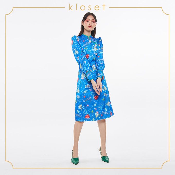 kloset-chi-chi-printed-midi-dress-ss19-d014-เดรสผู้หญิง-เสื้อผ้าผู้หญิง-เสื้อผ้าแฟชั่น-เดรสพิมพ์ลาย-เดรสคอจีน