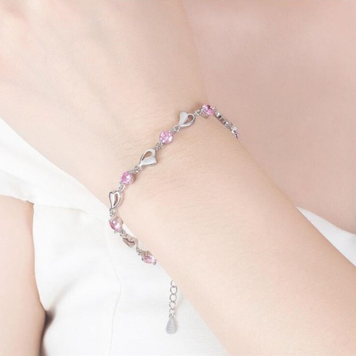 new-925-sterling-silver-new-jewelry-bracelet-high-quality-retro-simple-color-heart-shaped-cubic-zirconia-length-17cm-4cm