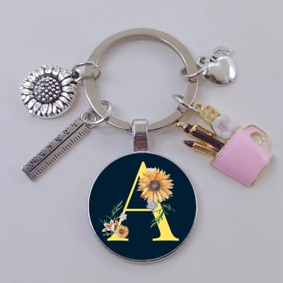 DIY fashion enamel pen holder keychain cute sunflower plant A-Z glass handbag pendant cute male and female teacher gift keychain