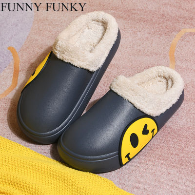 FUNNY FUNKY  Winter Womens Shoes EVA Faux Fur Non-slip Sole Fleece Sock Smiley Face Slipper Shoes For Women Couple Sandals