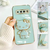 For Samsung Galaxy S10+ Mobile Phone Case Fashion Temperament Plating TPU Advanced Rotary Stand Makeup Mirror Hello Kitty Folding Mirror Stand Net Red New Couple Gift Soft Touch Anti slip Anti fall Protective Case