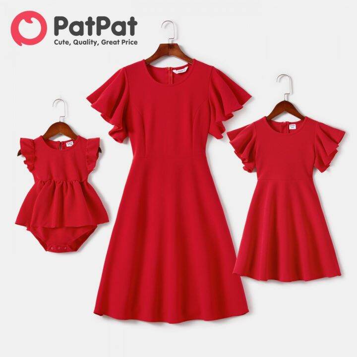 PatPat Valentine's Day Mommy and Me Red Textured Rufflesleeve Aline Dresses Lazada PH