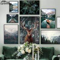 Nordic Snowing Landscape Forest Deer Poster Animal Lake Boat Christmas Leaves Snow Mountain Prints Painting Nature Picture Decor