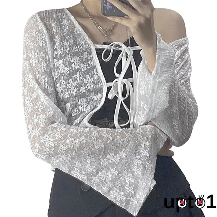 up-women-s-casual-long-sleeve-cardigan-fashion-solid-color-lace-tie-up-exposed-navel-t-shirt
