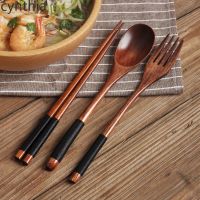 Korean wooden tableware fork spoon chopsticks 3-piece set solid wood long handle spoon chopsticks portable tableware 3 Pcs Tableware Cutlery Twine Wrapped Wooden Tableware Creative Long Handle Spoon Chopsticks Fork Set