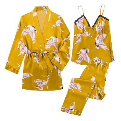 Satin Bra Robe Set Sexy Pajama Set Women Bathrobe Summer 3 Piece Ruched Silk Nightwear Long Sleeve Sleepwear Nightgown Lingeries
