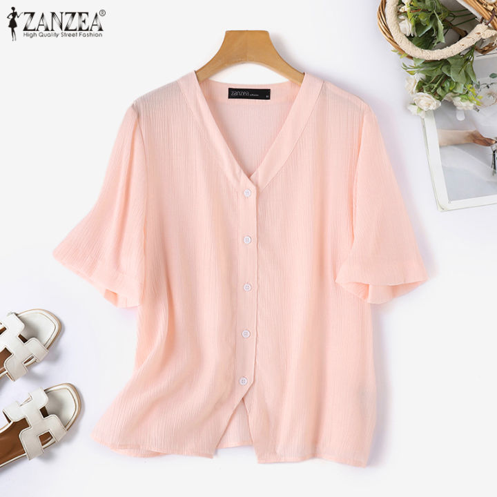 สินค้ามาใหม่-จัดส่งฟรี-fancystyle-zanzea-เสื้อยืดเสื้อจับจีบคอวีหลวมสำหรับผู้หญิงกระดุมวินเทจเสื้อเบล้าส์แบบลำลองเรียบ-2