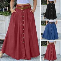 Solid Color High Waist Women Skirt Button Decor A line Summer Maxi Oversized Loose Hem Long Female Garment