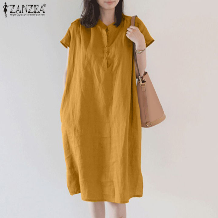 ZANZEA Phong Cách Hàn Quốc Túi Cổ Đứng Ngắn Tay Đầm Maxi Cotton ...