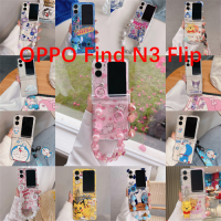 เคสป้องกันตกสำหรับ OPPO Find N3 N2แบบฝาพับเคสโทรศัพท์เป็นคู่ภาพน่ารักการ์ตูนพร้อมบานพับชุดสามชิ้นเคสแข็ง PC พร้อมจี้สร้อยข้อมือ