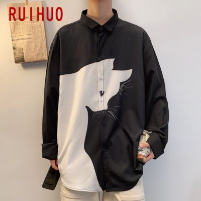 ✅ผู้ชายเสื้อเชิ้ตพิมพ์ลายแมว2023 RUIHUO สำหรับผู้ชายเสื้อผ้าสไตล์เกาหลีเสื้อผู้ชายแขนยาวเสื้อยืดฮาราจูกุเสื้อเกาหลี5XL ฤดูใบไม้ผลิสินค้าตามสั่ง