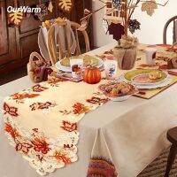 OurWarm Thanksgiving Table Runner 38x170cm Maple Leaves Embroidered Table Cover Birthday Fall Wedding Decoration Home Textile