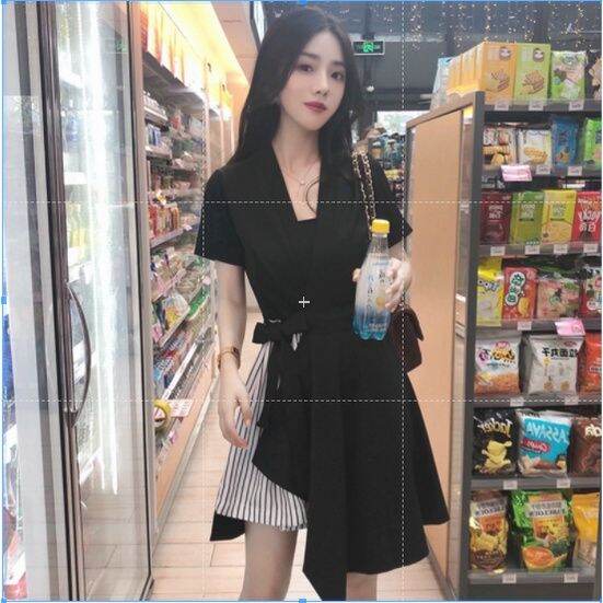 ชุดเดรสสั้นเหนือเข่า-summer-womens-mini-dress-korean-black-dress-irregular-retro-high-waist-short-dress