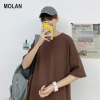 MOLAN เสื้อยืดผู้ชายแขนสั้นผู้ชายเสื้อยืดสีทึบดีไซน์เรียบง่ายสบายและระบายอากาศ