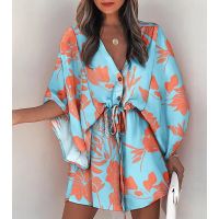 HOT★Boho Sablon Bunga เสื้อผ้ากุลสตรีฤดูร้อนเซ็กซี่ V คอ Batwing Sleeve Lace-Up ชุดหลวมหญิง Beach Holiday ชุดมินิเดรสเสื้อผ้า