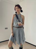 American female summer new spice sleeveless denim dress design feeling restoring ancient ways small irregular long skirt