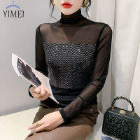 YIMEI เสื้อเชิ๊ตแขนยาวคอปกสูง2023ฤดูใบไม้ร่วง,ใหม่เสื้อเชิ๊ตผ้ากำมะหยี่ลายฉลุจากกวางโจวเสื้อซับในสีดำเข้ารูปพอดีแฟชั่นของผู้หญิง