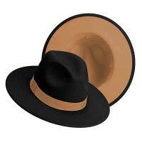 Simple Outside Black Inside Camel Patchwork Wide Brim Fedora Hat Men Women Two Tone Felt Fedora Hats Cowboy Jazz Hat Brown Belt