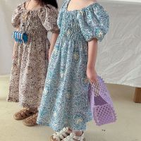 Girls cotton fashion retro floral puff sleeve dress Baby girl slim loose dresses